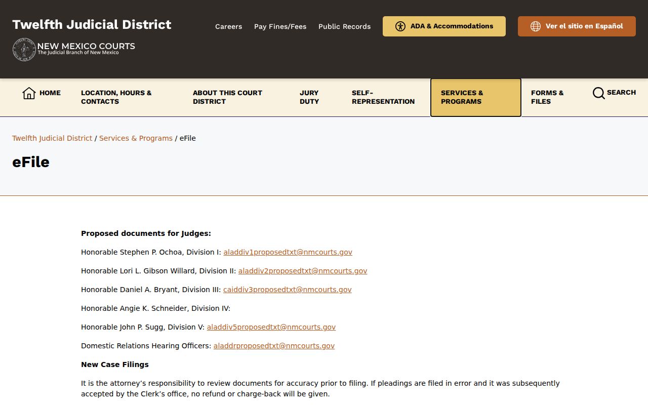 Otero County civil docket Twelfth District e-filing instructions