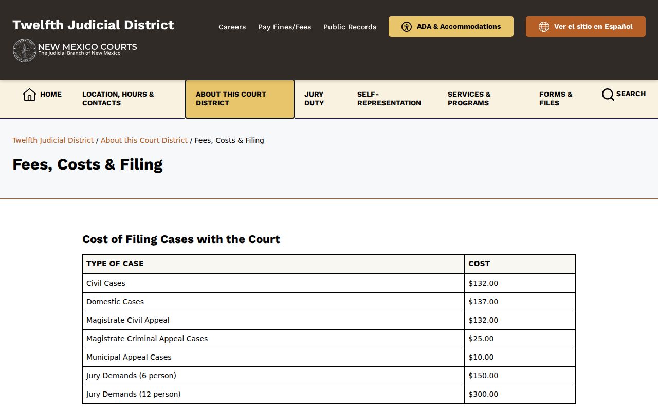 Otero County civil docket District Court certified copy fee schedule