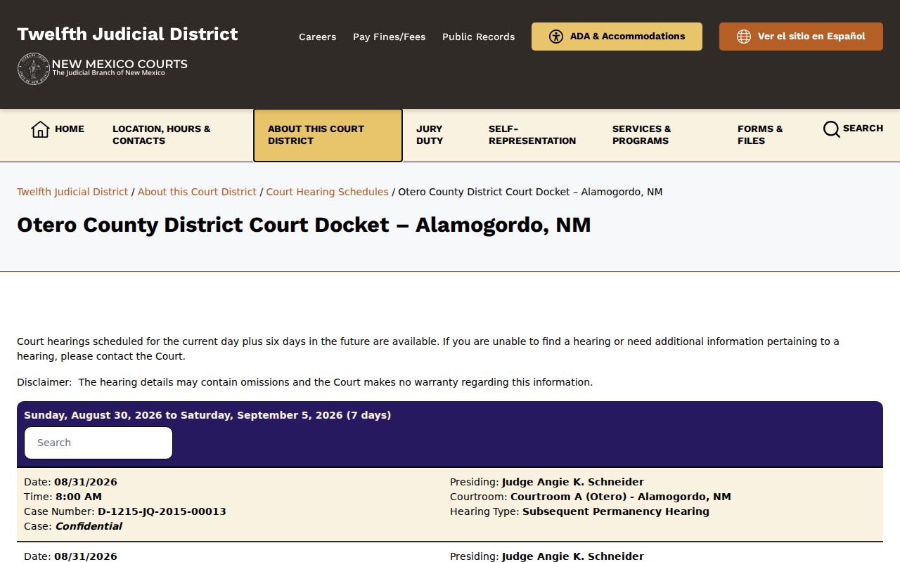 Otero County court schedule District Court seven-day calendar