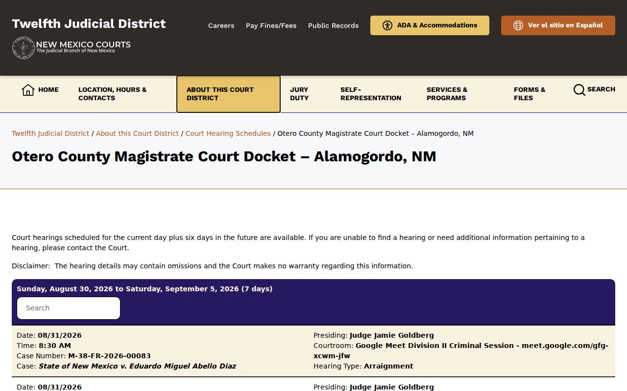 Otero County criminal docket Magistrate Court seven-day schedule