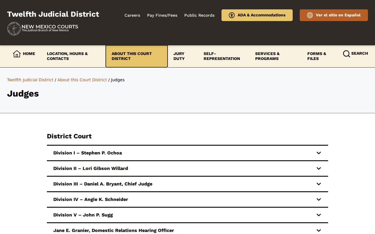 Otero County criminal docket court divisions on the Twelfth Judicial District judges page