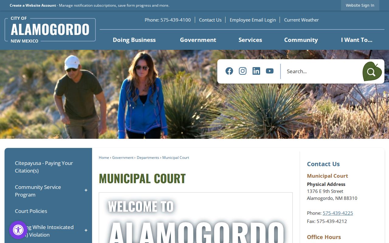 Otero County traffic court records Alamogordo Municipal Court information page